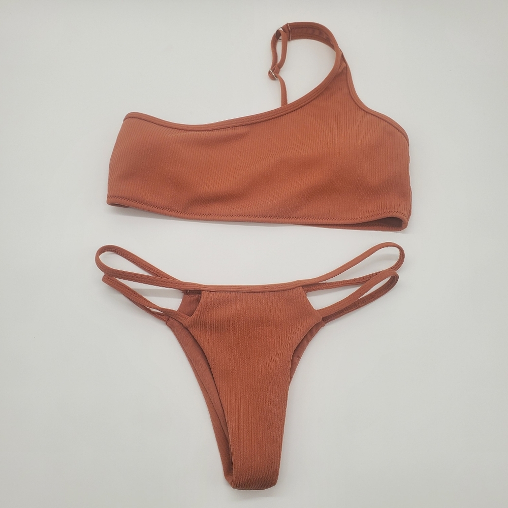 ♡♡ One Shoulder Bodycon Strappy Two Piece Bikini Terracotta Size Small